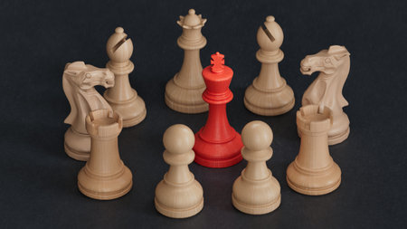 Wooden chess pieces arranged in a circle with one red piece in the center. Leadership concept. Made and rendered in C4D, not AI.の写真素材