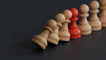 3D illustration of a column of men, people stand and fall. Falling pushes standing. The idea of influence and health. Made and rendered in C4D, not AI.の写真素材