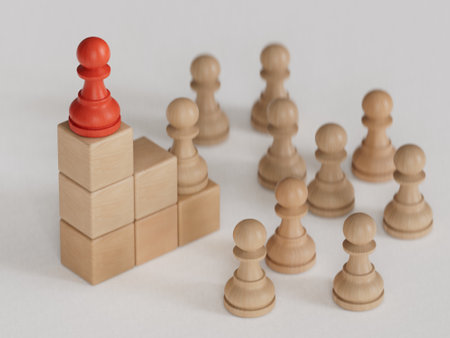 Chess standing on a pyramid of wooden building blocks. career ladder concept, Business hierarchy with copy space. Made and rendered in C4D, not AI.の写真素材