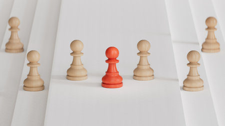 Corporate competition with this of chess leadership in confrontation on stairs. Perfect for representing business strategy, leadership, and management. Made and rendered in C4D, not AI.の写真素材