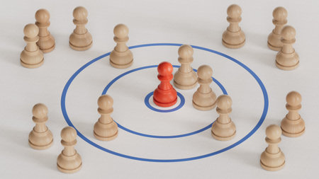 3d illustration of an inbound marketing concept with pawns around a golden landing page. Modern design.Made and rendered in C4D, not AI.の写真素材