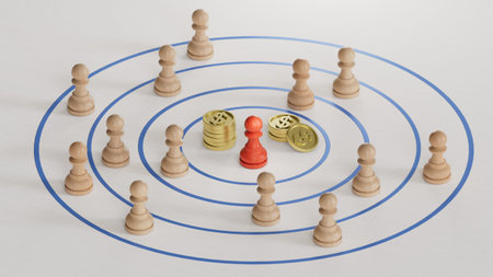 Pawns and target with piecear symbols at the center. Sales rep incentive program. Representatives...