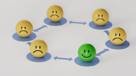 3d network connections.Concept image of satisfaction level. yellow circles with emotions.Mental...