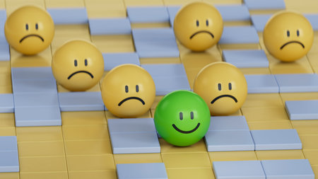 Green leader in the labyrinth.yellow BALL with smile, normal and sad face. Facial expressions....