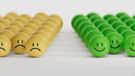 Golden dream team.yellow circles with emotions.Facial expressions. Mental health assessment.3D rendering on white background.の写真素材