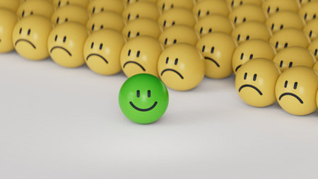 stand out from the crowd.yellow BALL with smile, normal and sad face. Facial expressions. Mental...