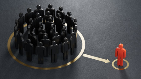 3d illustration of many pawns over RED and representing a class action or a collective redress...