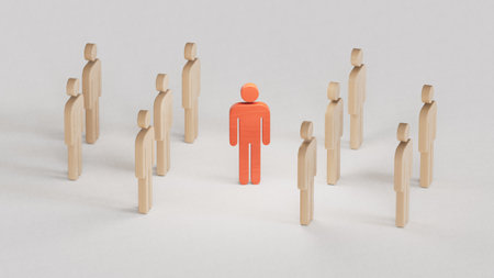 3D illustration of two groups of Wooden piece and a mediator in the middle. Abstract concept of arbitration between two parties. 3D rendering on white background.の写真素材