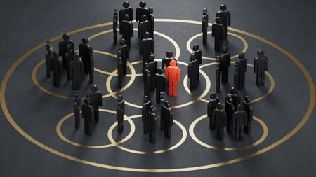 3D illustration of many Wooden piece grouped together into reden circles. Market segmentation concept.3D rendering on black background.の写真素材