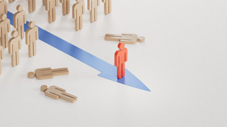 RED Wooden doll beating competition. Standing out from the crowd. Business strategy. 3D rendering on white background.の写真素材