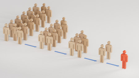 Inbound Marketing Principles with Wooden dolls signs and arrows. Stages from stranger to promoter. 3D rendering on white background.の写真素材