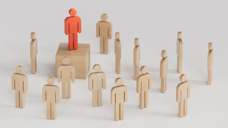 Wooden figures representing people, with one figure standing out on a platform. 3D rendering on white background.の写真素材