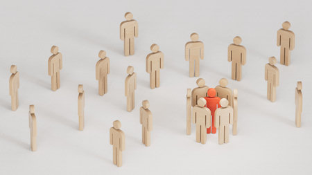 Horseshoe magnet attracting RED Wooden dolls. Concept of inbound recruiting and attracting talents to the enterprise. 3D rendering on white background.の写真素材