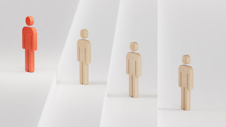 Leadership and growth concept, red pawn of Wooden doll, standing out from the crowd of Wooden dolls, empty copy space on right side. 3D rendering on white background.の写真素材