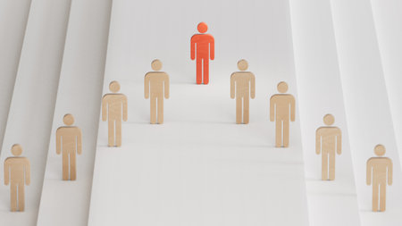 Leadership and growth concept, red pawn of Wooden doll, standing out from the crowd of Wooden dolls. Leadership with business success concept. 3D rendering on white background.の写真素材