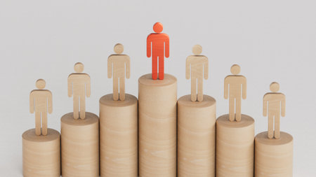 Leadership and growth concept, red pawn of Wooden doll, standing out from the crowd of Wooden dolls. 3D rendering on white background.の写真素材