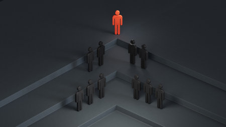 Leadership and growth concept, red pawn standing out from the crowd of pawns. Leadership with business success concept. 3D rendering on black background.の写真素材