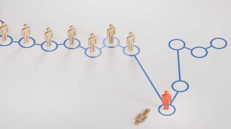 Wooden dolls over a red chart to recover from a crisis. Business continuity plan or disaster recovery concept. 3D rendering on white background.の写真素材