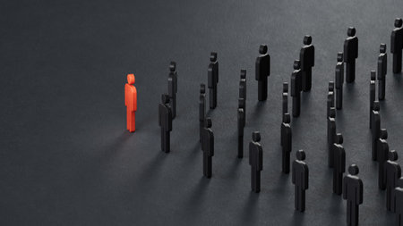 Leadership concept, red pawn standing out from the crowd. Leadership with business success concept. 3D rendering on black background.の写真素材