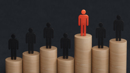 Leadership and growth concept, red doll of Wooden doll, standing out from the crowd of Wooden dolls, empty copy space. 3D rendering on black background.の写真素材