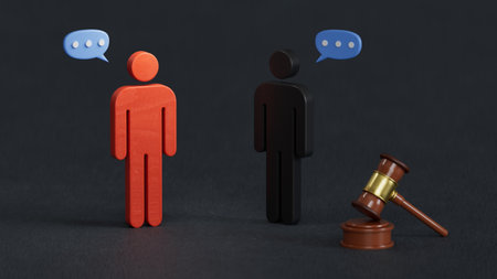 Sides to trial come to a compromise. Reaching consensus.Withdrawal of the claim and settlement of the problem in a particular case.3D rendering on black background.の写真素材