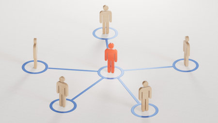 Wooden dolls connected by steel lines. Leadership with business success concept. 3D rendering on white background.の写真素材