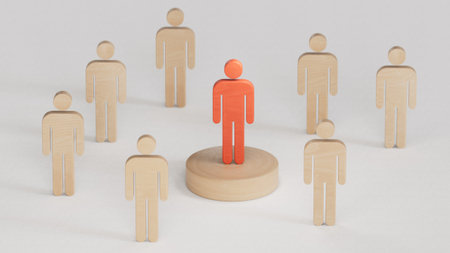 stand out in crowd, wooden block resembles person standing on podium, Leadership concept. Leadership with business success concept. 3D rendering on white background.の写真素材