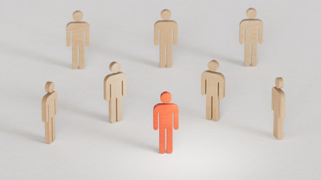 Red person in a crowd of people. Social distance. High contagion and threat of spread new wave pandemic virus infection. 3D rendering on white background.の写真素材