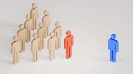 The leader leads the business team. Joining a new team member. Conflict discussion with an opponent or partner. Leadership with business success concept. 3D rendering on white background.の写真素材