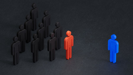 The leader leads the business team. Joining a new team member. Conflict discussion with an opponent or partner. Leadership with business success concept. 3D rendering on black background.の写真素材