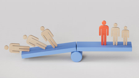 Team standing on a wooden seesaw, one side winner and one side loser. Success and failure. Business...