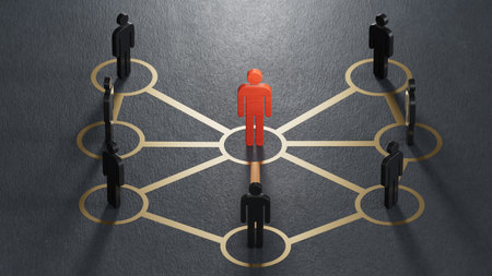 Networking design.Organized groups managed by a leader.Leadership with business success concept.3D rendering on black background.の写真素材