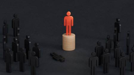 a red leader in front of the crowd. Head Offset. Business optimization, replacement of key employees...
