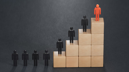 Wooden human figures in the stairs. Business. Career. Growth. Success.Leadership with business...