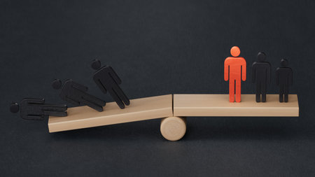 Team standing on a wooden seesaw, one side winner and one side loser. Success and failure. Business and workplace competition.3D rendering on black background.の写真素材