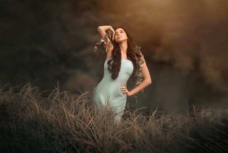 Fantasy fairytale and beautiful woman - wood nymph among tall grass and rays of lightの写真素材
