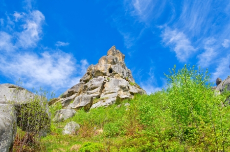 Rock in the form of a pyramid. Tustan fortress. Ukraineの写真素材