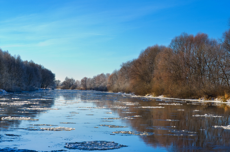 Winter river in early morningの写真素材