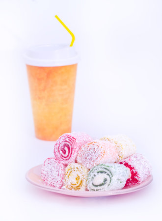 Turkish delight in coconut chips isolated on white backgroundの写真素材