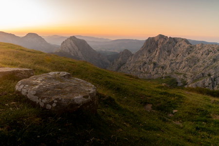 sunset in the mountains of urkiola natural park, basque country, spain. High quality photoの写真素材