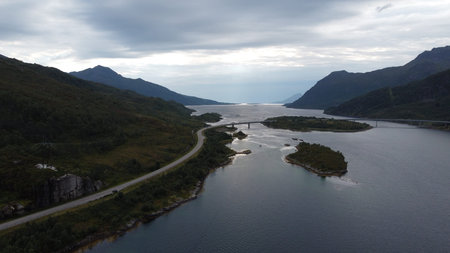 landscape view of the fiords in Lofoten, Norway in a cloudy day
