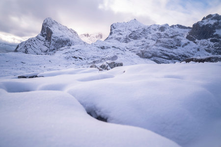 snowy mountains in winter in Picos de Europa National Park, Spainの写真素材