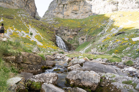 trekker woman and her dog approaching a river waterfall in Ordesa National Park, in the Spanish Pyreneesの写真素材