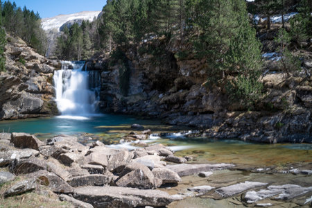 waterfall in the river in Ordesa National Park in the spanish Pyrenees (long exposure)の写真素材