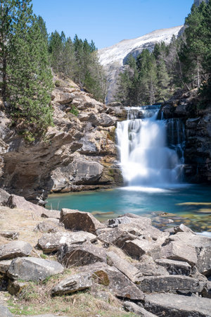 waterfall in the river in Ordesa National Park in the spanish Pyrenees (long exposure)の写真素材