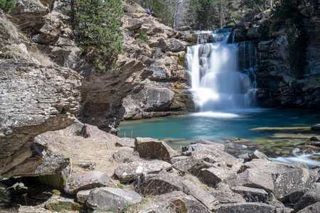 waterfall in the river in Ordesa National Park in the spanish Pyrenees (long exposure)の写真素材