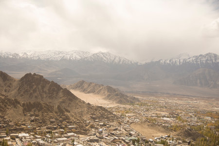 panoramical view of the city of Leh, capital of the reign of Ladakh in the Indian Himalayasの写真素材