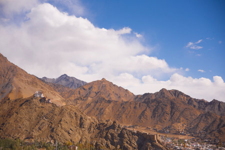 arid landscape view of tsemo castle on the top of a hill in Leh, Ladakh in the Indian Himalayasの写真素材