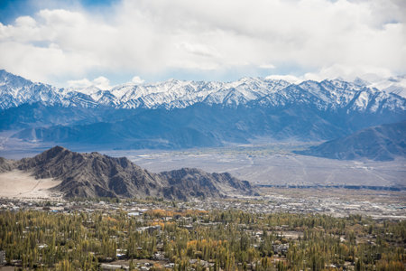 panoramical view of the city of Leh, capital of the reign of Ladakh in the Indian Himalayasの写真素材