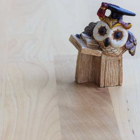 A miniature wooden owl dressed as a professor with a graduation hat. Read a book on the background of a brown wooden table. A small gift for a degree.の写真素材